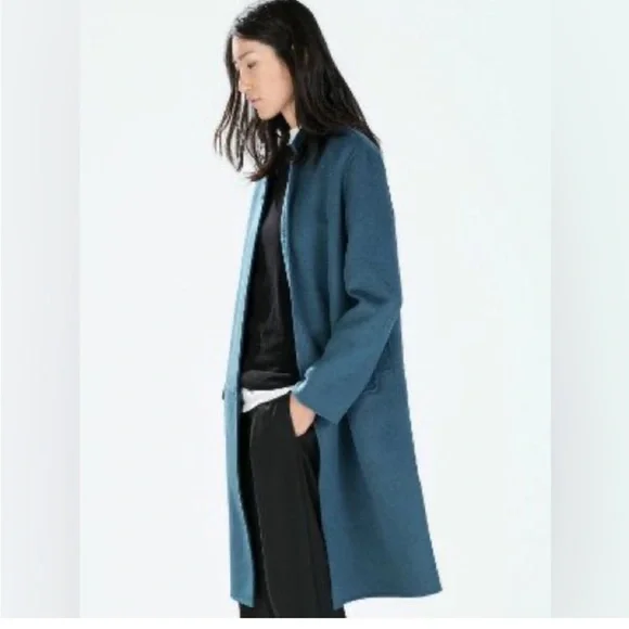 ZARA TEAL BLUE WOOL BLEND LONGLINE HAND-MADE 1 BUTTON CLOSURE DRESS COAT SZ MED - Picture 4 of 12